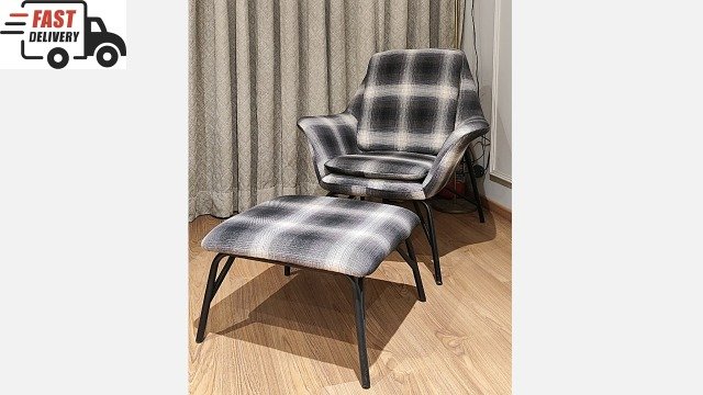 C-105 lounge chair with foot stool features bold checked fabric, comfortable, and modern lounging experience